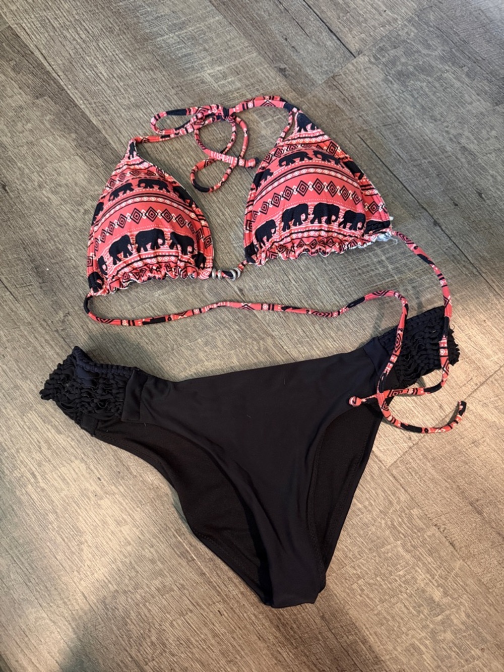 PacSun Coral and Black Elephant Print Triangle Bikini